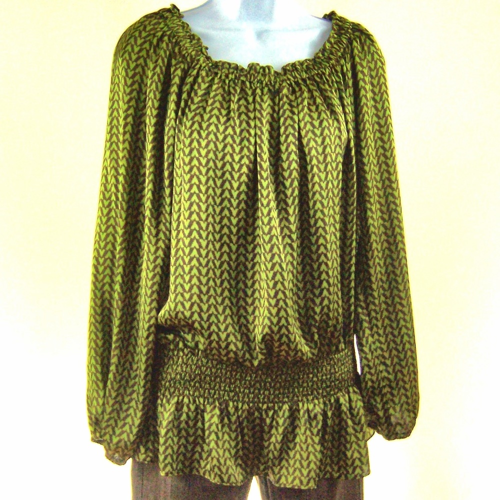 MICHAEL KORS Green Brown Smocked Shirt Women's 1X